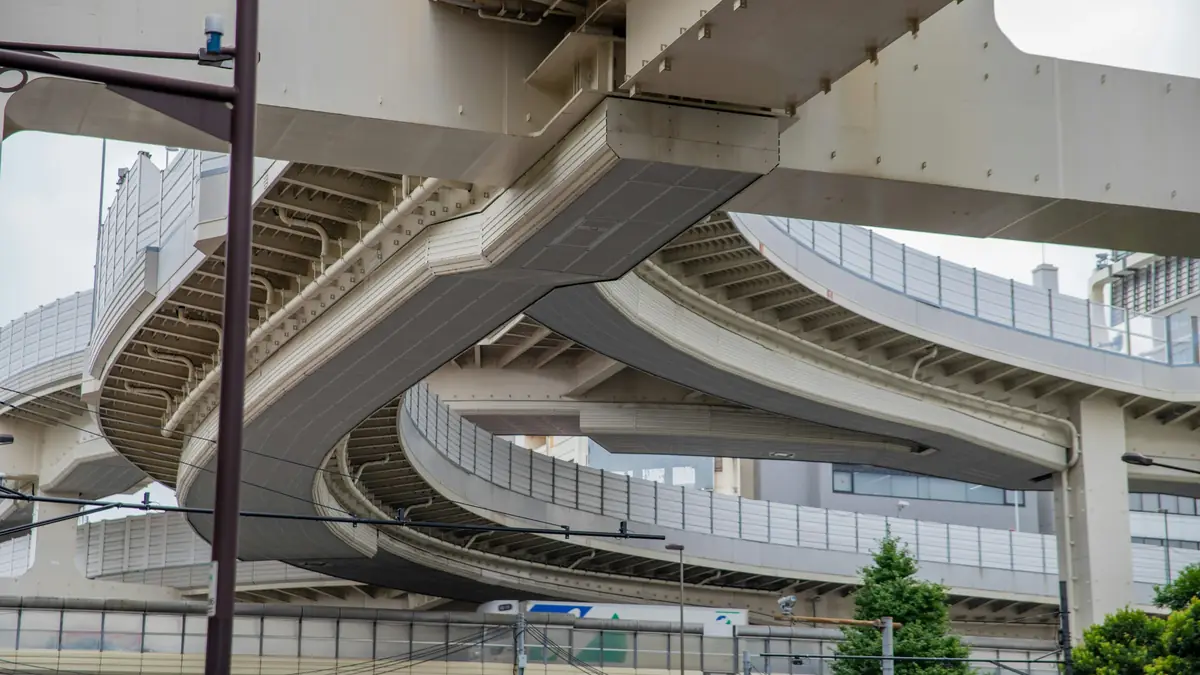 Stock photo: multi-level concrete highway interchange with marked lanes